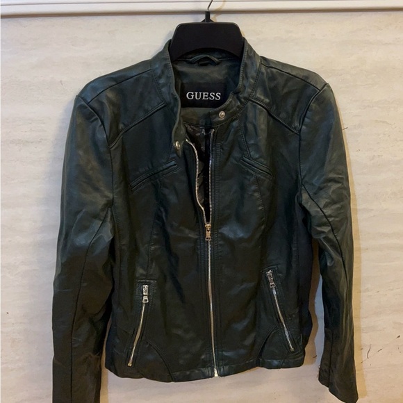GUESS Women's Faux-Leather Moto Dark Green  Jacket - Picture 1 of 16